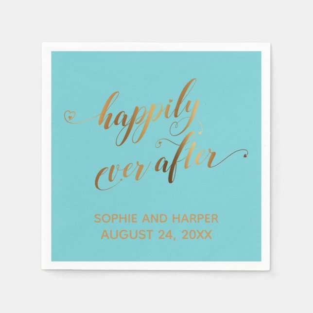 Serviette En Papier Cœurs de script Gold Happily Ever After sur turquo (Devant)