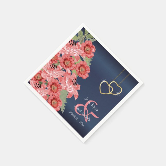 Serviette En Papier Coeurs d'or sur le corail et la marine (Coin)