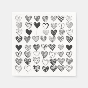 Serviette En Papier Coeurs en noir et blanc