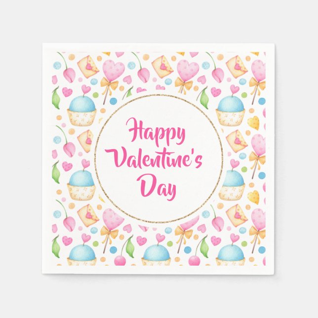 Serviette En Papier Coeurs et muffins Aquarelle Motif Valentine's (Devant)