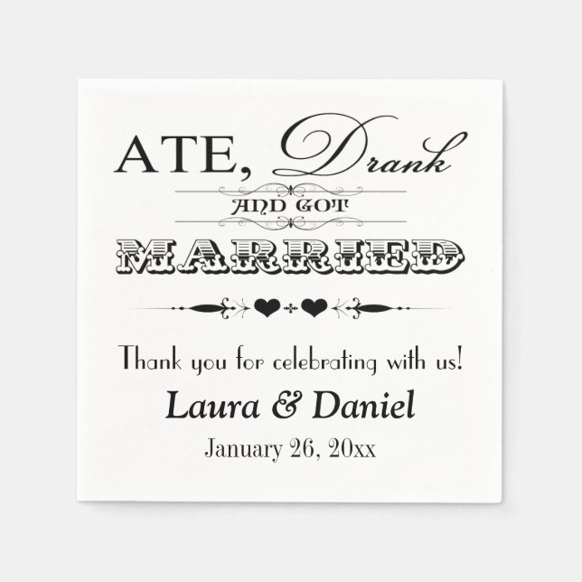 Serviette En Papier Coeurs noir et blanc, Scrolls Mariage serviettes (Devant)