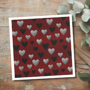 Serviette En Papier Cœurs Pailletés Argent Noir sur Fond Bordeaux
