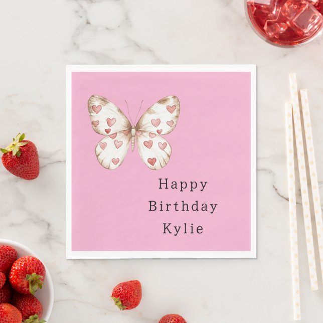 Serviette En Papier Coeurs papillon rose Anniversaire (En situation)