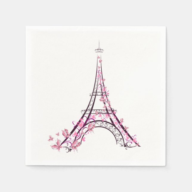 Serviette En Papier Cœurs roses et papillons Tour Eiffel Paris (Devant)
