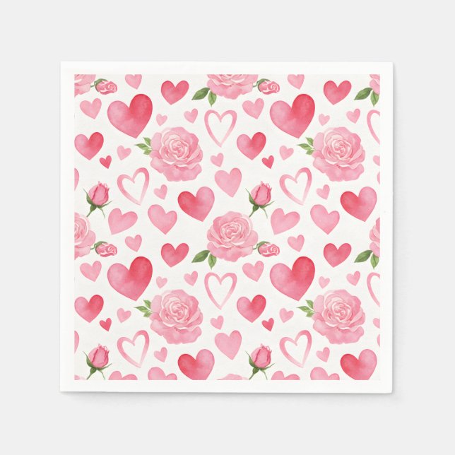 Serviette En Papier Coeurs roses et Rose (Devant)