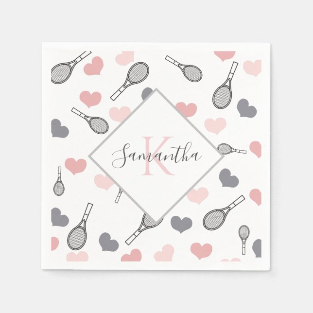 Serviette En Papier Coeurs roses mignons et raquettes de tennis Sports (Devant)