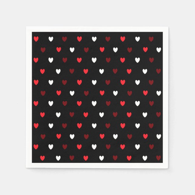 Serviette En Papier Coeurs rouge et blanc sur noir (Devant)