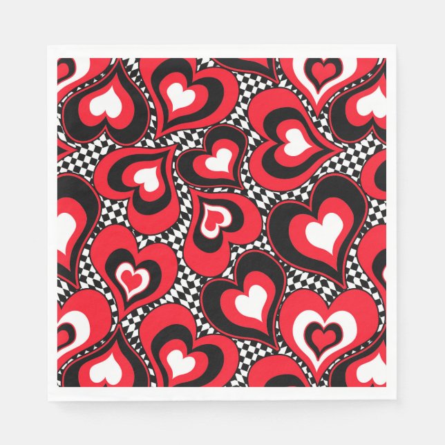 Serviette En Papier Coeurs, rouge, noir, blanc, Saint Valentin. (Devant)