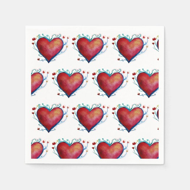 Serviette En Papier Coeurs rouges Aquarelle Coeurs Mariage serviettes (Devant)