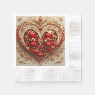 Serviette En Papier Cœurs rouges élégants avec détails floraux dorés