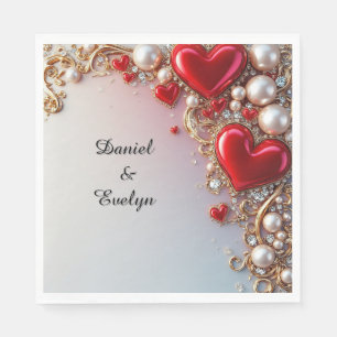 Serviette En Papier Cœurs rouges ornés d'or et de perles