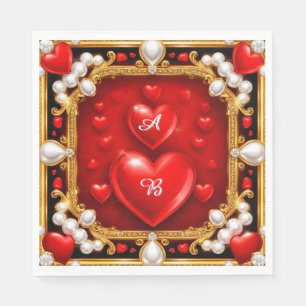 Serviette En Papier Cœurs rouges ornés d'or et de perles