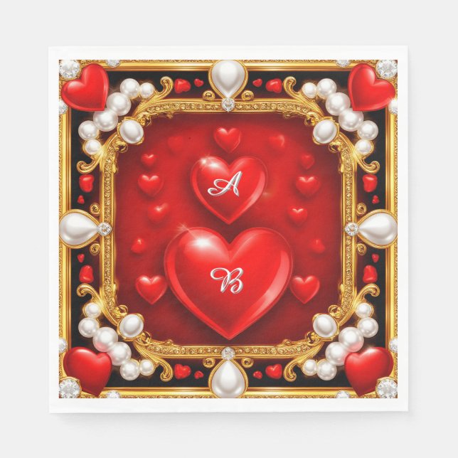 Serviette En Papier Cœurs rouges ornés d'or et de perles (Devant)