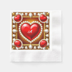 Serviette En Papier Cœurs rouges ornés d'or et de perles