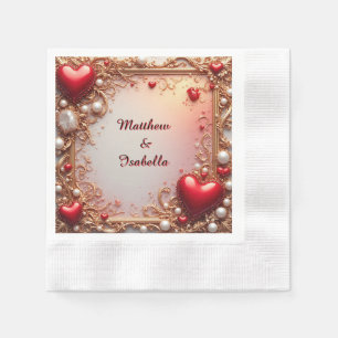 Serviette En Papier Cœurs rouges ornés d'or et de perles