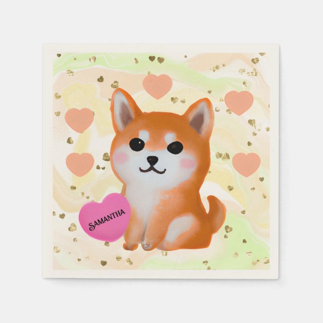 Serviette En Papier Coeurs Shiba Inu mignons | Pour Amoureux des chien (Devant)