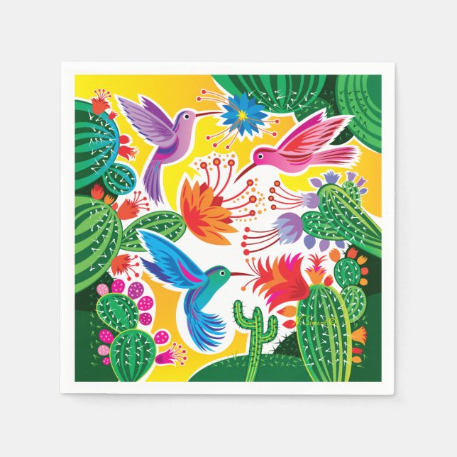 Serviette En Papier Colibris et cactus en fleurs (Devant)