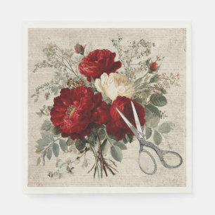 Serviette En Papier Collage botanique Rose rouge vintage et Ciseaux