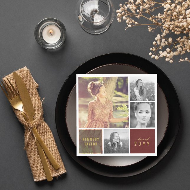 Serviette En Papier Collage de photos simple et carré multiple pour fê (Multi Squares Simple 4 Photo Collage Graduation Party Napkins by fatfatin @ zazzle.com/color_therapy)