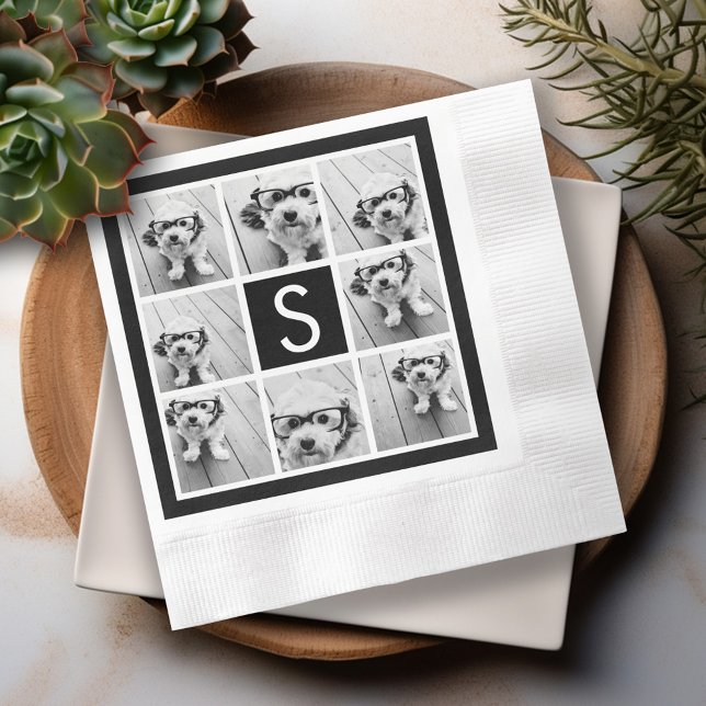 Serviette En Papier Collage photo noir et blanc Monogramme personnalis (Personalized Photo Napkins)