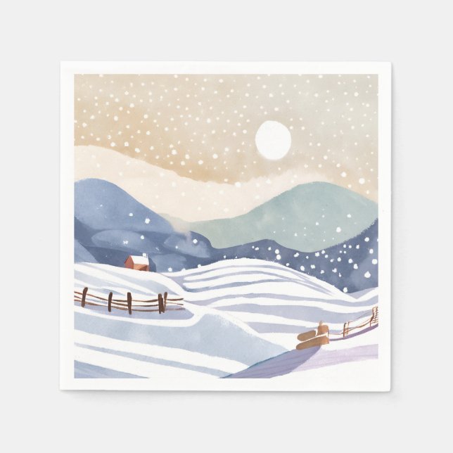 Serviette En Papier Colline enneigée | Hiver à l'aquarelle (Devant)