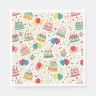 Serviette En Papier Colorful Birthday Cakes and Balloons Paper Napkins