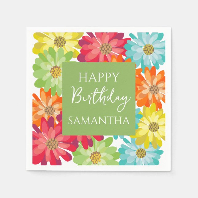 Serviette En Papier  Colorful Flowers Happy Birthday Party  (Devant)