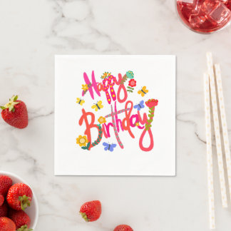 Serviette En Papier Colorful Happy Birthday Floral & Butterfly Party