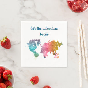 Serviette En Papier "Commençons l’aventure" Carte du monde colorée
