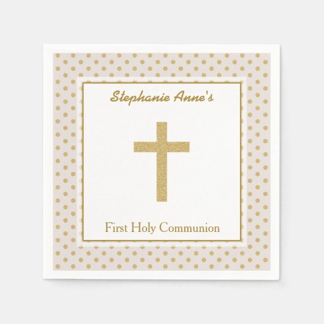 Serviette En Papier Communion beige avec Pois d'or (Devant)
