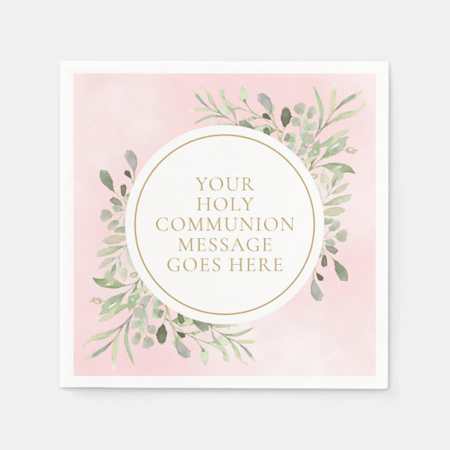 Serviette En Papier Communion florale aquarelle verte rose (Devant)