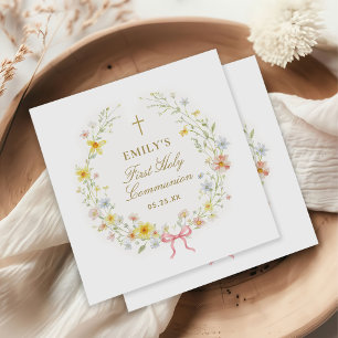 Serviette En Papier Communion solennelle Croix dorée Fleurs sauvages A