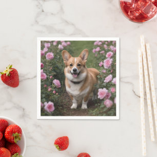 Serviette En Papier "Compagnie de charme : Un Corgi dans un jardin ros
