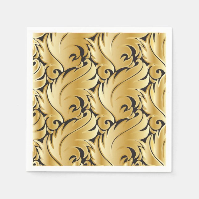 Serviette En Papier Conception des feuilles noires et or (Devant)
