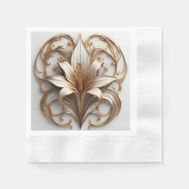 Serviette En Papier Conception Ornementale Élégante Fleur de Lys Dorée (Devant)