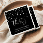 Serviette En Papier Confetti d'argent sur Black 30th Birthday Party<br><div class="desc">Aidez-les à fêter leur 30ème anniversaire dans le style avec ce design simple mais élégant, avec des confettis triangulaires faux en argent sifting down sur le mot "trente" en gris clair police d'écriture sur un arrière - plan noir. Personnalisez-le avec le nom de l'honoré en gris clair sans serif, ainsi...</div>