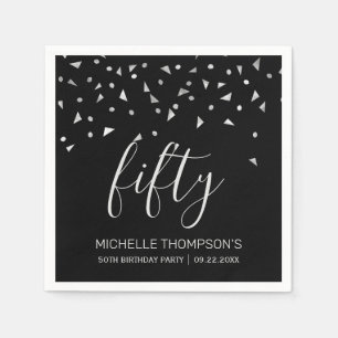 Serviette En Papier Confetti d'argent sur Black 50th Birthday Party