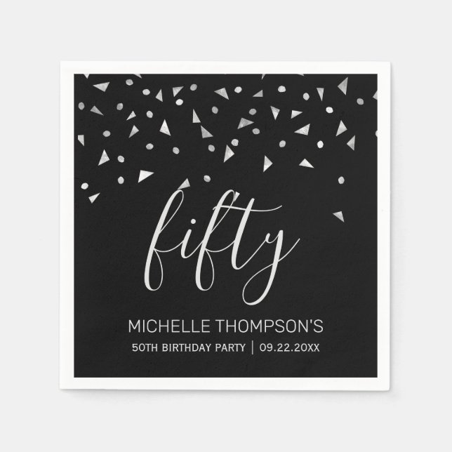 Serviette En Papier Confetti d'argent sur Black 50th Birthday Party (Devant)