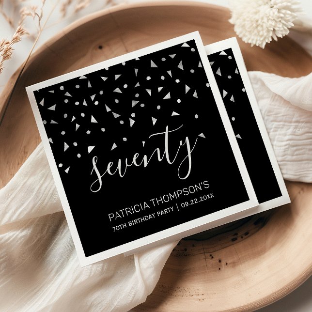 Serviette En Papier Confetti d'argent sur Black 70th Birthday Party (Créateur téléchargé)