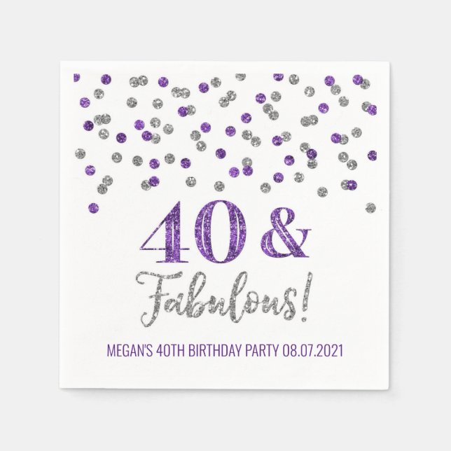 Serviette En Papier Confetti d'Argent Violet 40 & Fabuleux anniversair (Devant)