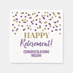 Serviette En Papier Confetti d'or mauve, heureuse retraite