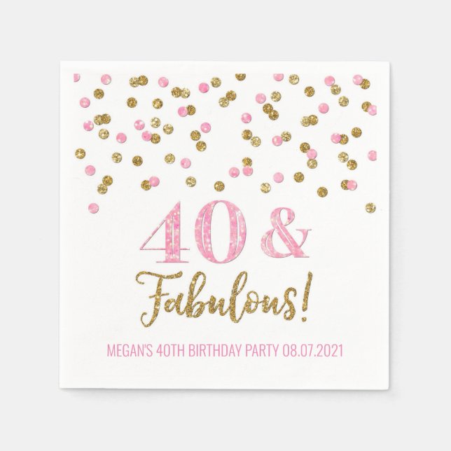 Serviette En Papier Confetti en or rose 40 & Fabuleux anniversaire (Devant)