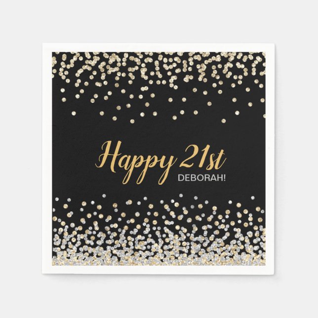Serviette En Papier Confetti Gold personnalisé 21e fête d'anniversaire (Devant)