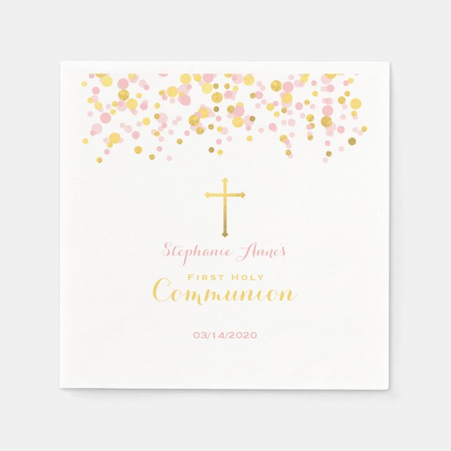 Serviette En Papier Confetti rose et or communion (Devant)
