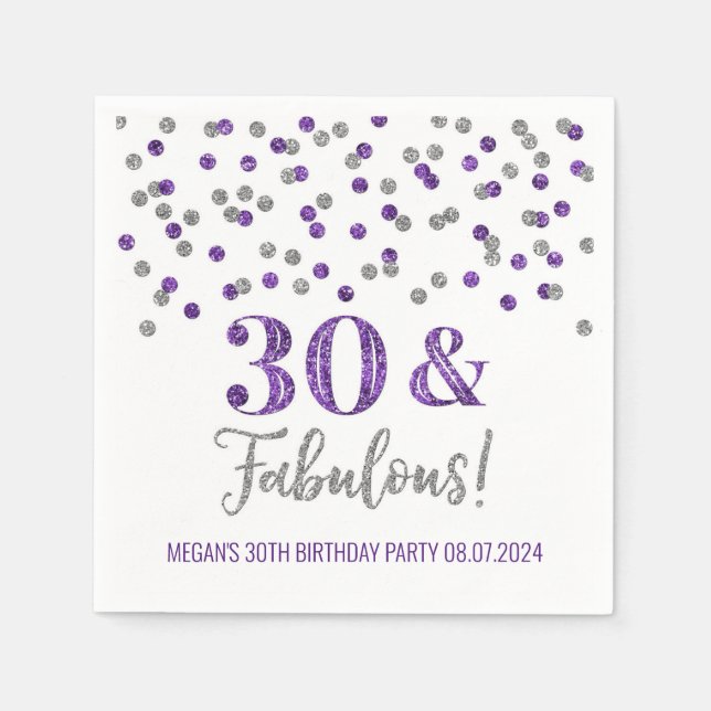Serviette En Papier Confetti violet argenté 30 et fabuleux (Devant)