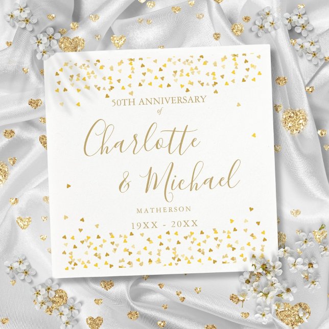 Serviette En Papier Confettis de coeurs dorés pour 50e anniversaire de (50th Anniversary Signature Gold Hearts Confetti Napkins)