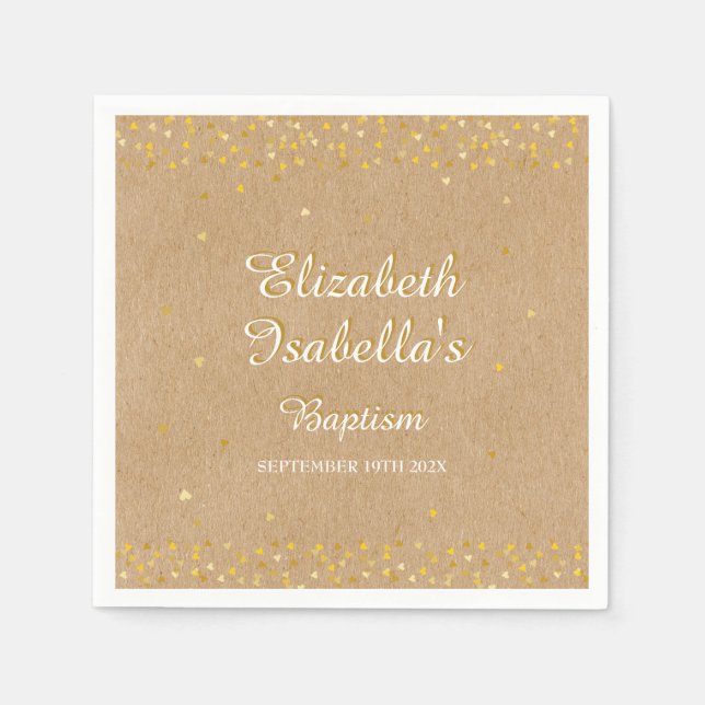 Serviette En Papier Confettis de cœurs dorés rustiques Baptême Christe (Devant)