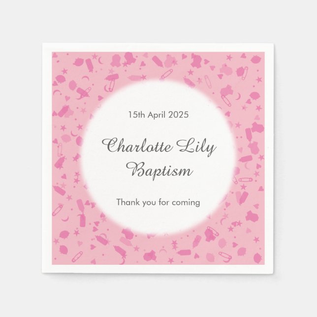 Serviette En Papier Confettis Rose Bébé Baptême (Devant)