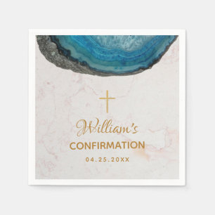 Serviette En Papier Confirmation Boy Blue Geode Gold Cross Marble