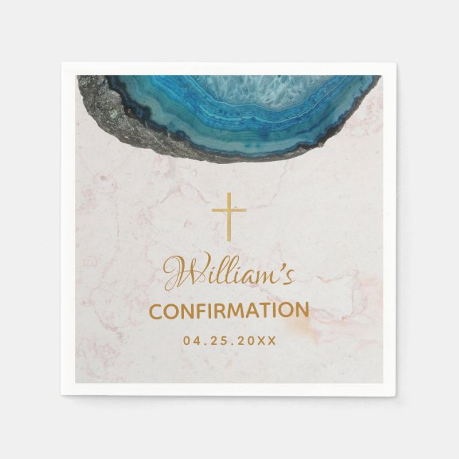 Serviette En Papier Confirmation Boy Blue Geode Gold Cross Marble (Devant)